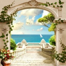 Laeacco Villa Sea Arch Door Flower Scene Wedding Photographic Backdrops Customized Photography Backgrounds For Photo Studio 2024 - buy cheap