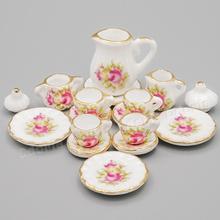 Odoria 1:12 Miniature 15PCS Pink Rose Chintz Golden Trim Tea Cup Set Porcelain Tableware Kitchen Dollhouse Accessories Decor 2024 - buy cheap