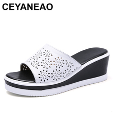 CEYANEAOGenuine Leather Women Wedge Slippers Summer Slides Hollow Shoes Peep Toe Platform Slippers Ladies High Heel SlipperE2146 2024 - buy cheap