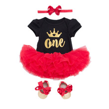 Ropa para bebé niña, trajes con estampado de corona y letras doradas de primer cumpleaños, conjunto de ropa infantil, pelele + falda de tutú + diadema, trajes para bebé recién nacido 2024 - compra barato