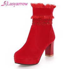 Lasyarrow Autumn Winter Women Boots Thick High Heels Round toe Platform Black Red Ruffles Ankle Boots Wedding Shoes size 33-43 2024 - buy cheap