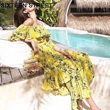 New slash neck woman dress yellow floral print vintage summer beach pleated maxi dress casual cascading ruffle vestidos bodycon 2024 - buy cheap