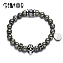 REAMOR Rock Style Round Iron Pyrite Natural Stones Bracelet Stainless Steel Skull Head Beads Strand Bracelets for Men Jewelry 2024 - buy cheap