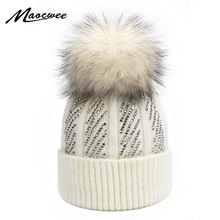 Diamond With Thick Knitting Wool Winter Hat Women Caps Genuine Real Raccoon Fur Pompon Ladies Rhinestones Hats Beanies Skullies 2024 - buy cheap