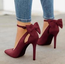 Wine Red Suede Pointed Toe Back Bowtie Women Thin High Heel Pumps Stiletto Party Shoes Plus Size 34 to 43 2024 - buy cheap