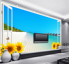 Papel de parede personalizado 3 d estereoscópico, janela praia girassol pinturas para a sala de estar quarto parede de vinil 2024 - compre barato