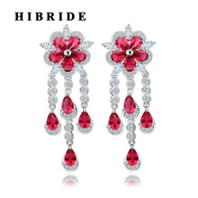 HIBRIDE New Red Flower Women Tassel Drop Earrings Red Cubic Zirconia Fashion Jewelry Female Brincos E-379 2024 - buy cheap