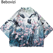 Bebovizi Fashion Chinese Style Crane Printed Cardigan Kimono 2019 Japan Loose Thin Robe Mens Harajuku Streetwear Jacket Coat 2024 - buy cheap