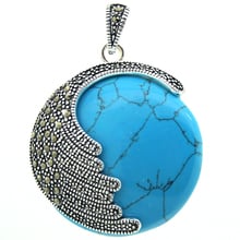 925 Sterling Silver Natural blue Turquoise Round Marcasite Round Pendant 35MM 2024 - buy cheap