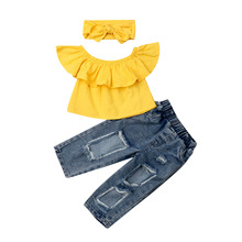 От 1 до 6 лет, летние комплекты одежды для маленьких девочек желтые топы с открытыми плечами + рваные джинсы джинсовые штаны + повязка на голову, одежда из 3 предметов 2024 - купить недорого