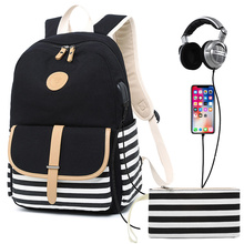 Striped Canvas Backpack Women School Backpacks Schoolbag For Teenage Girls Student Book Bag Female Mochila 2 Pcs/set Black 2024 - buy cheap