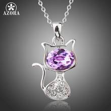 AZORA Fashion Cute Purple Cat White Gold Color Pendant Necklace For Women Clear Austrian Rhinestone Necklaces TN0206 2024 - buy cheap