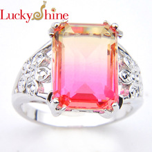 Luckyshine For Women Square Crystal Zircon Silver Plated Rings Jewelry Fashion Simple colorful Bi colored Tourmaline Rings 2024 - buy cheap