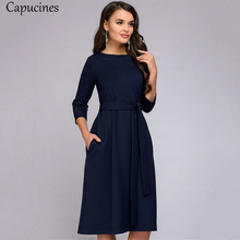 Women Spring Autumn Solid Color Casual Dress Three Quarter Sleeves Sashes Pockets O-Neck Loose Mid-Calf Dresses Female Vestidos 2024 - buy cheap