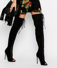 Spring New Fashion Women Open Toe Black Suede Leather Lace-up Over Knee Gladiator Boots Cut-out High Heel Long Dress Boots Sexy 2024 - buy cheap