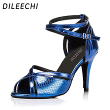 DILEECHI Women's Blue PU Latin dance shoes soft outsole square professional dance shoes Female Ballroom dancing shoes 8.5cm 2024 - buy cheap