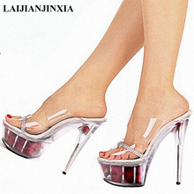 Туфли LAIJIANJINXIA на высоком каблуке 15 см, с цветами, на платформе, сексуальные тапочки для ночного клуба, вечеринки, танцевальная обувь с открытым носком, женские туфли для танцев на шесте 2024 - купить недорого