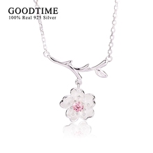 Real Genuine 925 Sterling Silver Necklace Pink Crystal Cherry Blossoms Flower Pendants & Necklaces Lovely Romantic Women Jewelry 2024 - buy cheap