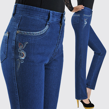 New Fashion Casual Jeans Middle aged Women High waist Trousers Plus size Straight Pants Female Embroidery Elasticity Denim Pants 2024 - buy cheap
