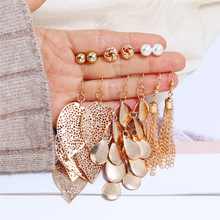 HOCOL 6 Pairs/Sets Woman Gold Earrings Set 2019 Bohemian Leaves Long Tassel Earrings Drop Simple Pearl Earrings Female Jewelry 2024 - buy cheap