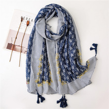 Autumn Fashion African Ethnic Navy Blue Polka Floral Tassel Viscose Shawl Scarf Women Print Warm Hijabs and Wraps Muslim Sjaal 2024 - buy cheap