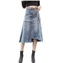 Saia jeans assimétrica, saia midi de tamanho grande com franjas irregular, moda casual feminina, vintage, primavera 5xl 2024 - compre barato