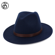 FS Cotton Navy Black Felt Fedora Hat For Women Elegant Men Classic Royal Wide Brim Vintage Bowler Top Hats With Leather Belt 2024 - buy cheap