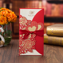 Convites romântico vermelho com fita para casamento, convite vertical 215mm * 113mm para festa de noivado 2024 - compre barato