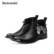 Batzuzhi Luxury Botas Hombre Pointed Safety Boots Men Genuine Leather Ankle Boots Black Appliques Party Business botas hombre 2024 - buy cheap