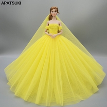 Vestido de casamento moda amarela para barbie, roupas de boneca, vestido de noite, roupas de vestido longo com véu 1/6, acessórios de boneca 2024 - compre barato