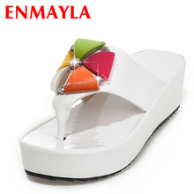 ENMAYLA, talla 34-43, sandalias de plataforma de tacón alto con diamantes de imitación a la moda, zapatos de mujer, cuñas de flores, zapatos blancos de verano para mujer, chanclas 2024 - compra barato