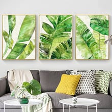 Скандинавские тропические листья банана, акварельная живопись на холсте, зеленая листва, летний пейзаж, Настенная картина для декора гостиной 2024 - купить недорого