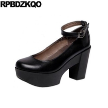 Fashion High Heels Customized Black Size 4 34 Chunky Pumps 33 Women 2021 Platform Shoes Strap Ankle Round Toe Genuine Leather 2024 - buy cheap