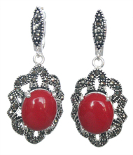 FREE SHIPPING>>> fancy 11/2" Vintage 925 Silver & Marcasite trend Red Coral Earrings fashion jewelry 2024 - buy cheap