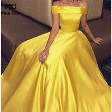 2018 Beatue Off Shoulder Evening Dresses with Pockets Short Sleeve Sweep Train A-Line Yellow Satin Formal Evening Party Dresses 2024 - buy cheap