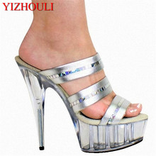 6 inch transparent sole, silver high heel slippers, 15 cm high sexy model banquet stage style sandals 2024 - buy cheap