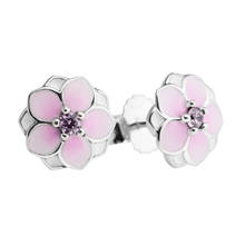 Magnolia Bloom Stud Earring With Pale Cerise Enamel & Clear CZ 100% Sterling Silver Jewelry Free Shipping 2024 - buy cheap