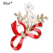 RHao Red Ribbon Brooch Enamel pin Brooches for Women Wedding Brooch Bow new arrive brooches with pearls pave brooch broach pins 2024 - buy cheap