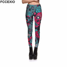 Fccexio-novo legging feminino, calça de treino de cintura alta, fitness, estampada com caveira rosa vermelha, tamanho grande 2024 - compre barato