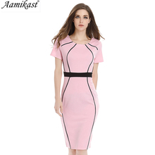 Aamikast Women Elegant Colorblock Contrast Patchwork Short Sleeve 2019 Slim Tunic Wear to Work Office Business Bodycon Dress 2024 - buy cheap