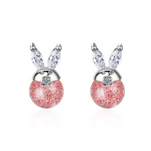 Женские серьги-гвоздики из серебра 925 пробы, с изображением кролика, животного, розового клубничного кварца 2024 - купить недорого
