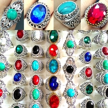 50pcs Luxury Metal Silver Color Tibet Antique Oval Amazing Turquoises Stone Crystal Rings for Men Women Cocktail Party 2024 - buy cheap