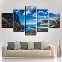 Cuadros de lona Modular 5 piezas montaña mar agua y cielo azul nube blanca paisaje pinturas en HD enmarcada arte de pared, Impresión de decoración 2024 - compra barato