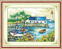 51*38 needlework, diy dmc ponto cruz, conjunto para kit de bordado, cenário de porto rio barco cottage padrões de ponto cruz, casa de parede 2024 - compre barato