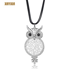 Vintage Color Hollow Tree of life Crystal Owl Black Leather Long Women Necklace Cute Animal Statement Girl Sweater Chain Gift 2024 - buy cheap