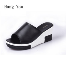 Women Sandals 2018 Summer Genuine Leather Shoes Woman Flip Flops Wedges Fashion Platform Female Slides Ladies Shoes Peep Toe 2024 - buy cheap