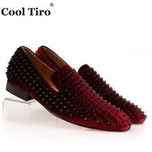 COOL TIRO Red Wine Velvet Black Spikes Loafers Men Smoking Slipper Shoes Flats Wedding Party Mens Dres shoes Genuine Leather 2024 - buy cheap