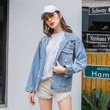 high quality 2018 fashion spring new beaded hole wash denim jacket water loose Jeans Coat Women Basic Coats Denim jacket 2024 - buy cheap