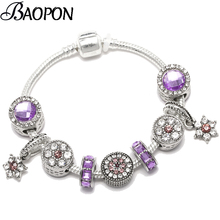 BAOPON, pulseras auténticas de plata púrpura con cuentas de flores, pulseras de marca Bngles para amantes de las mujeres, joyería Original 2024 - compra barato