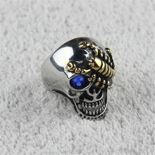Anel para homens azul cz, olhos dourados, escorpião, cor prata, caveira, aço inoxidável, anel de motociclista, tamanho 7 a 15 2024 - compre barato